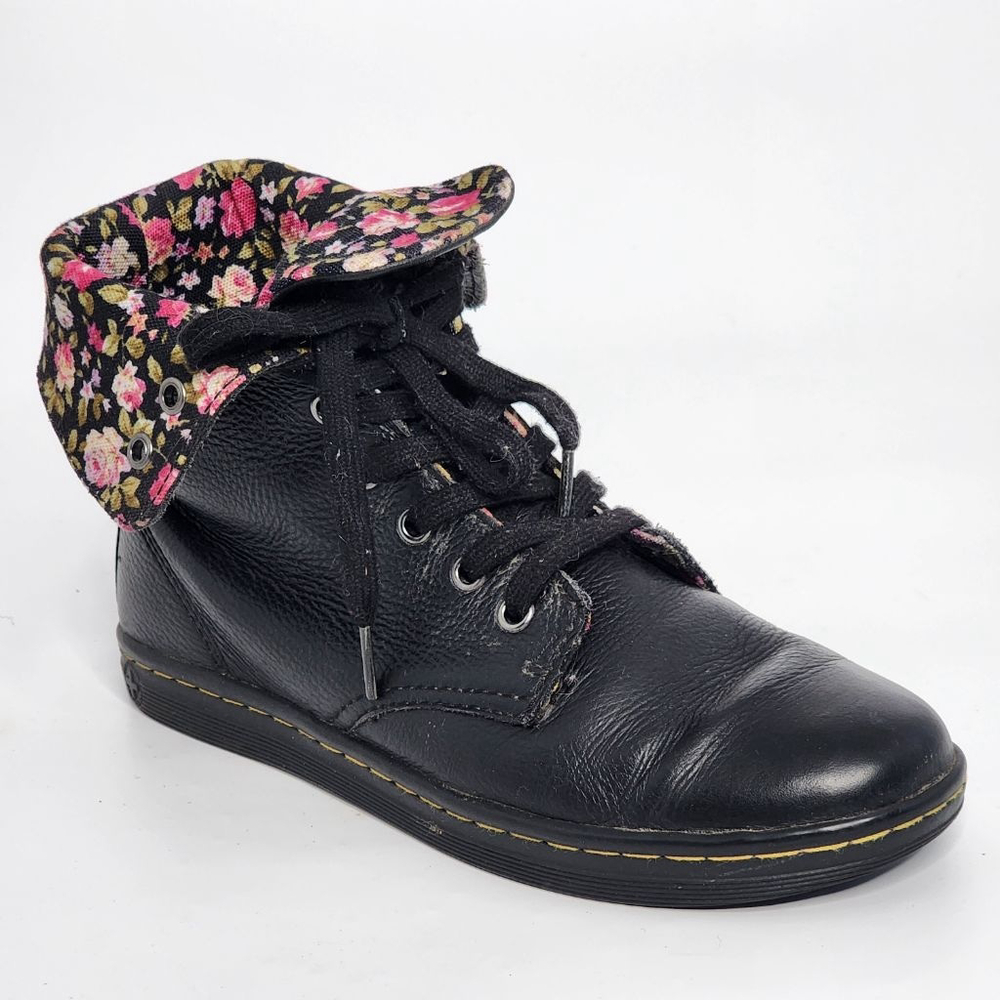 DR. MARTENS Stratford Black Leather Lace Up Floral Foldover Combat Boots Size 6